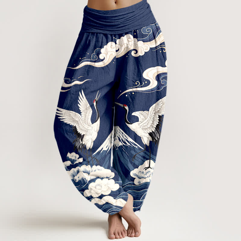 Buddha Stones Pantaloni harem da donna in cotone con motivo gru, montagne e nuvole, con elastico in vita. - Marina - US16, UK/AU20, EU48 (3XL) - image 5