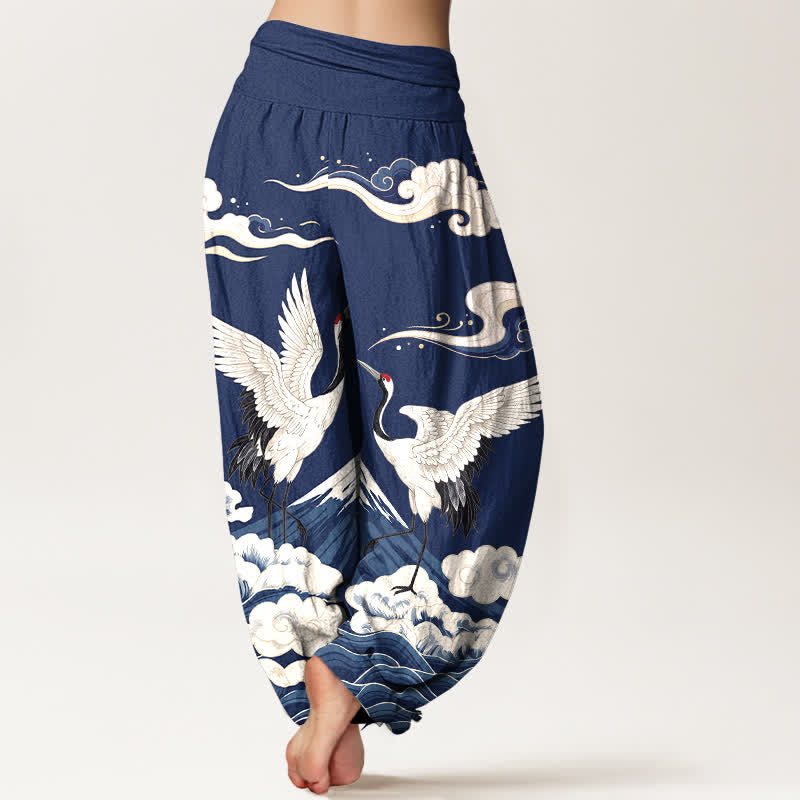 Buddha Stones Pantaloni harem da donna in cotone con motivo gru, montagne e nuvole, con elastico in vita. - image 7