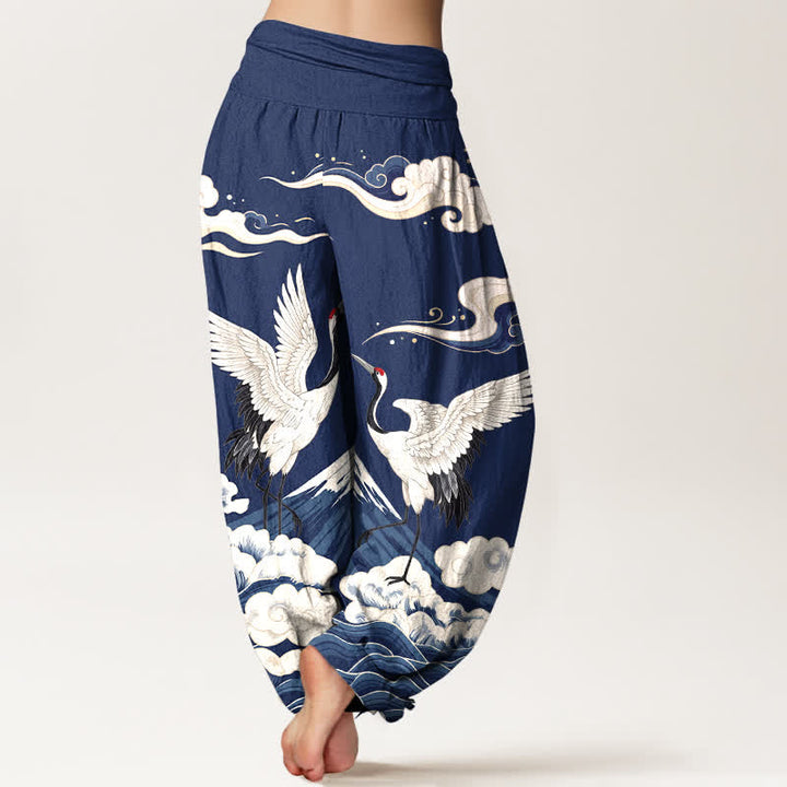 Buddha Stones Pantaloni harem da donna in cotone con motivo gru, montagne e nuvole, con elastico in vita. - image 7