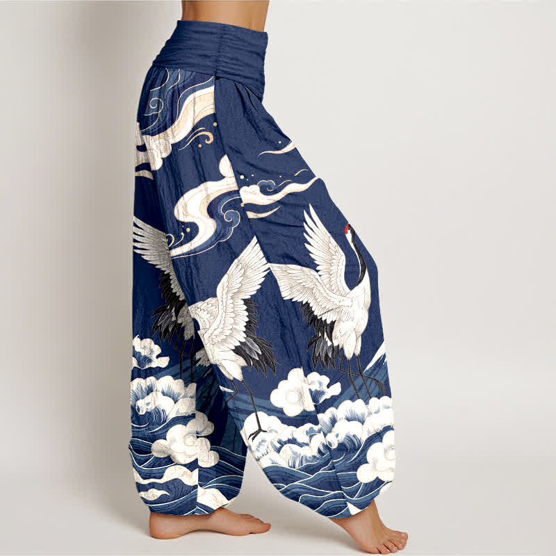 Buddha Stones Pantaloni harem da donna in cotone con motivo gru, montagne e nuvole, con elastico in vita. - image 6