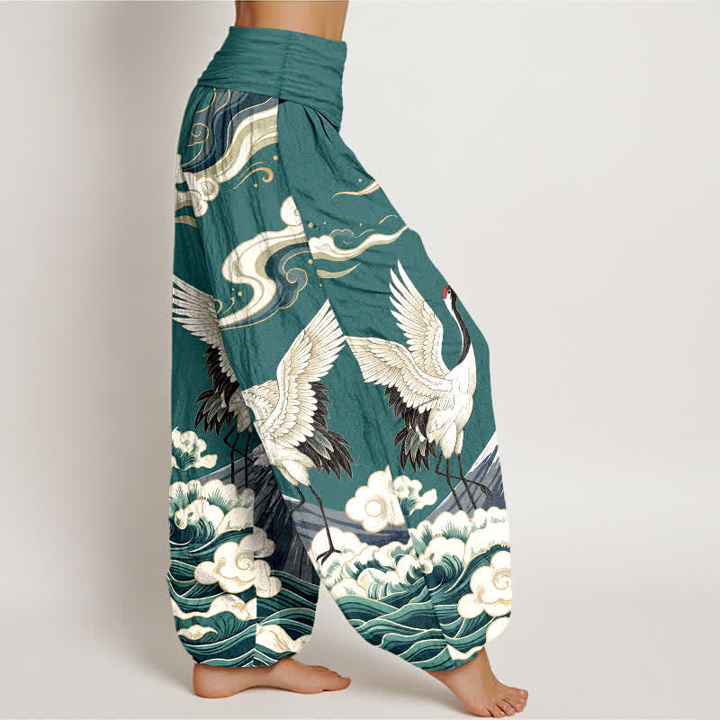 Buddha Stones Pantaloni harem da donna in cotone con motivo gru, montagne e nuvole, con elastico in vita. - image 9