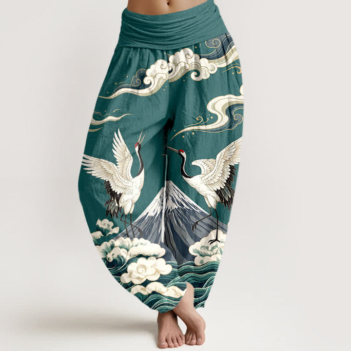 Buddha Stones Pantaloni harem da donna in cotone con motivo gru, montagne e nuvole, con elastico in vita. - Verde acqua - US16, UK/AU20, EU48 (3XL) - image 8