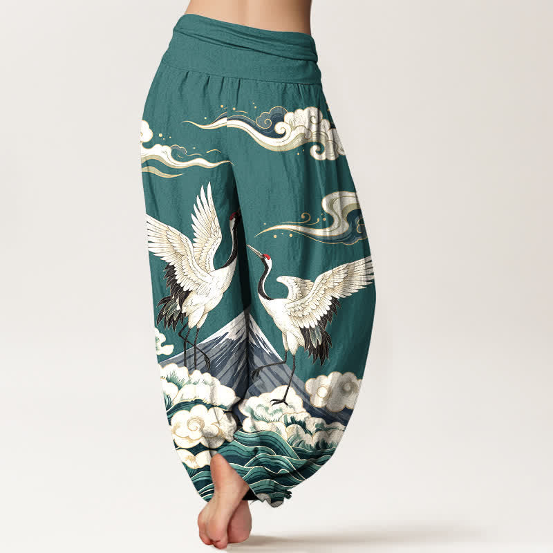 Buddha Stones Pantaloni harem da donna in cotone con motivo gru, montagne e nuvole, con elastico in vita. - image 10
