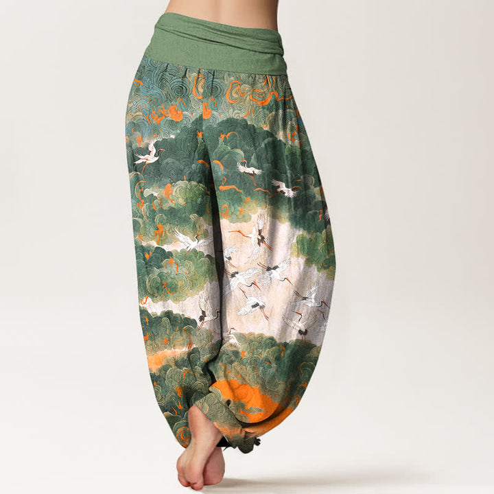 Buddha Stones Pantaloni harem da donna in cotone con motivo gru e nuvole, vita elasticizzata - image 2