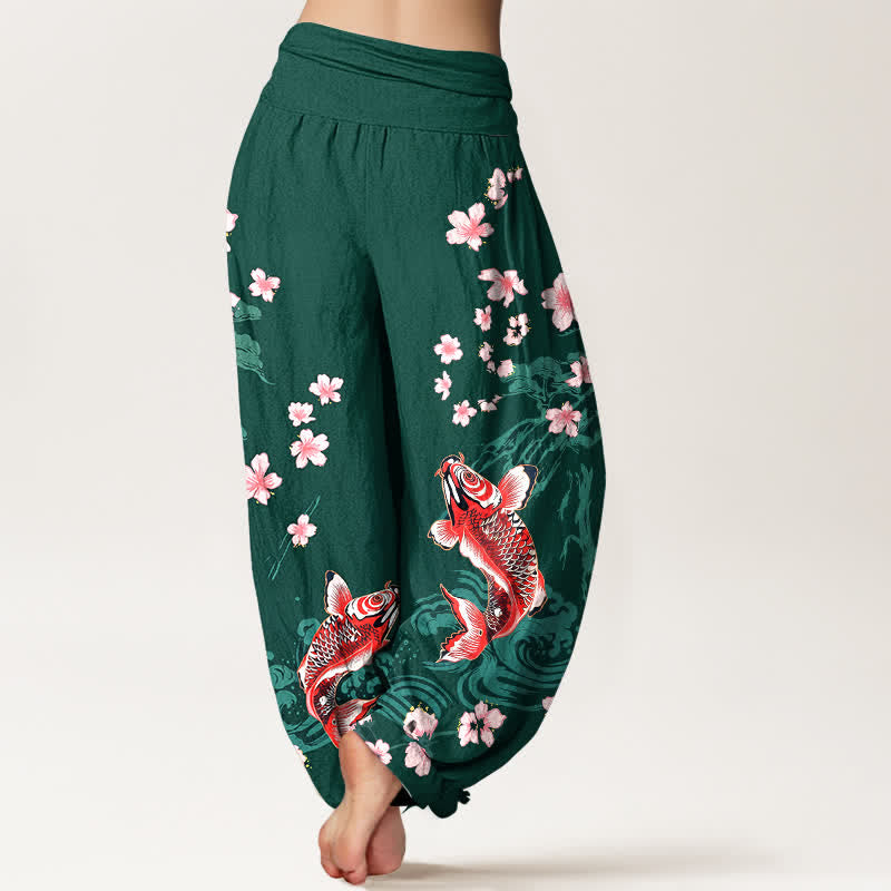 Buddha Stones Pantaloni harem da donna in cotone con motivo koi e fiori di ciliegio, vita elasticizzata - image 2