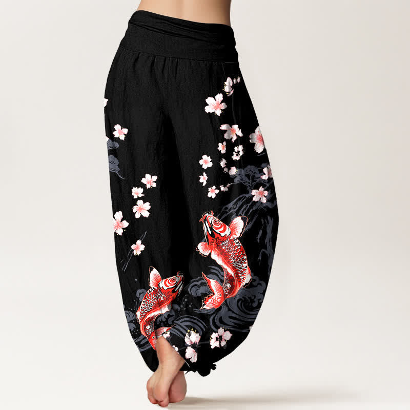 Buddha Stones Pantaloni harem da donna in cotone con motivo koi e fiori di ciliegio, vita elasticizzata - image 7