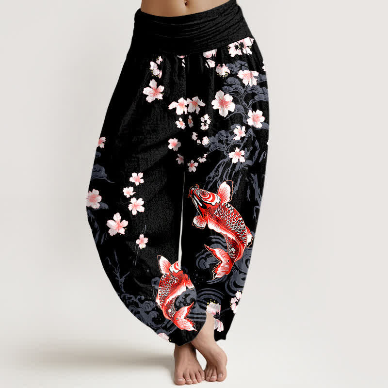 Buddha Stones Pantaloni harem da donna in cotone con motivo koi e fiori di ciliegio, vita elasticizzata - Nero - US16, UK/AU20, EU48 (3XL) - image 5