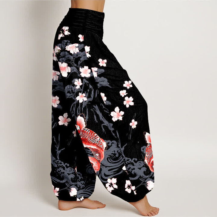 Buddha Stones Pantaloni harem da donna in cotone con motivo koi e fiori di ciliegio, vita elasticizzata - image 6