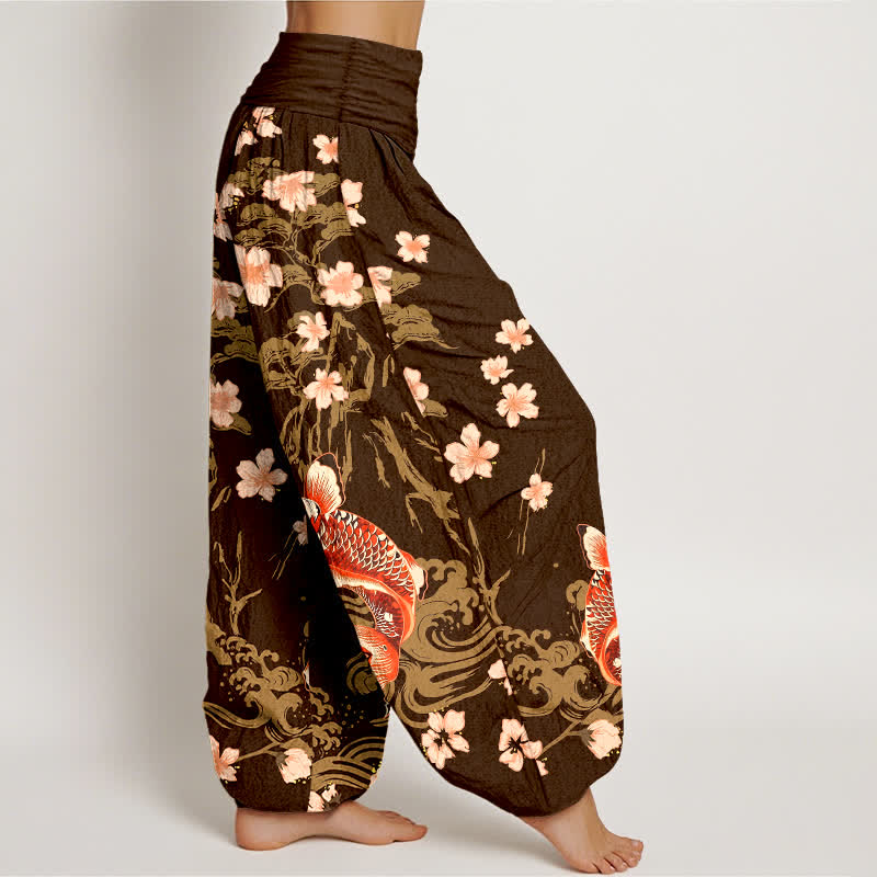 Buddha Stones Pantaloni harem da donna in cotone con motivo koi e fiori di ciliegio, vita elasticizzata - image 9