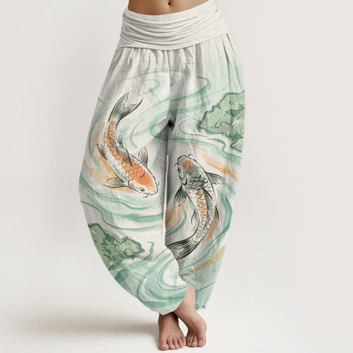 Buddha Stones Pantaloni harem da donna in cotone con motivo a onde e pesci koi, con elastico in vita. - Melata - US16, UK/AU20, EU48 (3XL) - image 0