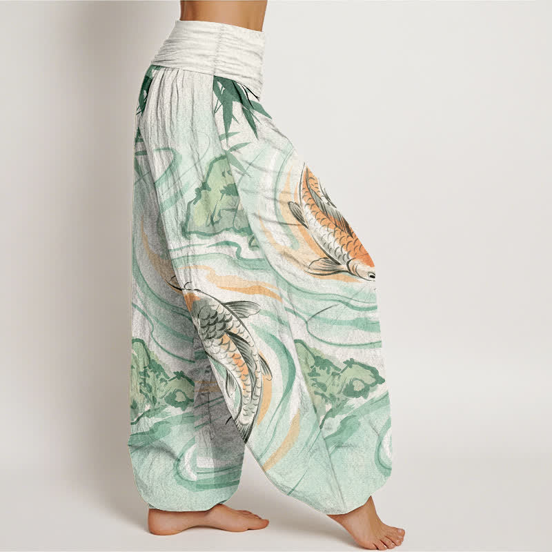Buddha Stones Pantaloni harem da donna in cotone con motivo a onde e pesci koi, con elastico in vita. - image 2