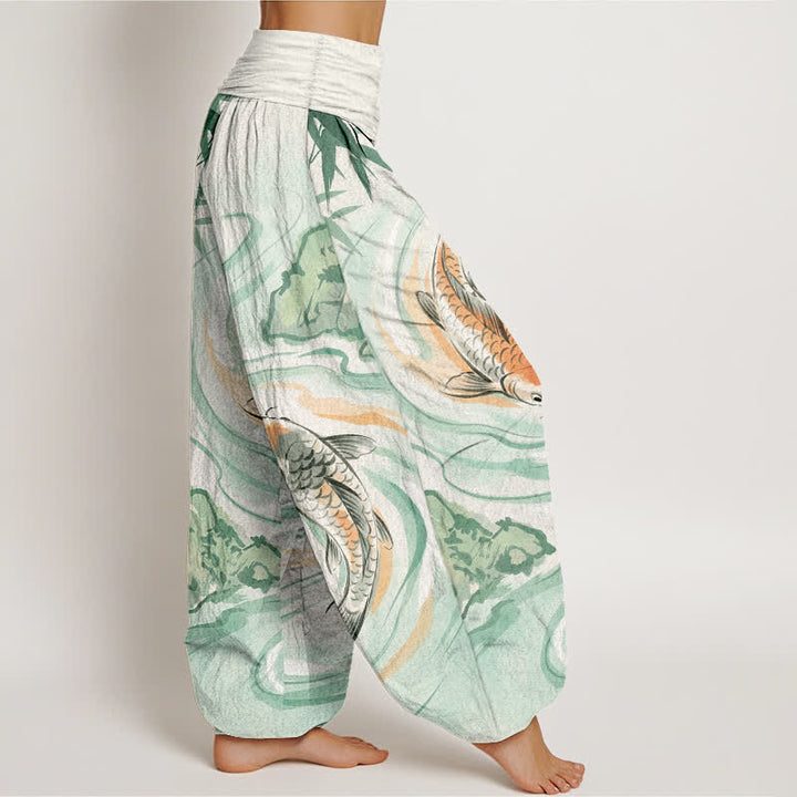 Buddha Stones Pantaloni harem da donna in cotone con motivo a onde e pesci koi, con elastico in vita. - image 2