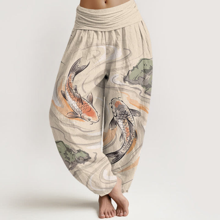 Buddha Stones Pantaloni harem da donna in cotone con motivo a onde e pesci koi, con elastico in vita. - Bianco antico - US16, UK/AU20, EU48 (3XL) - image 5