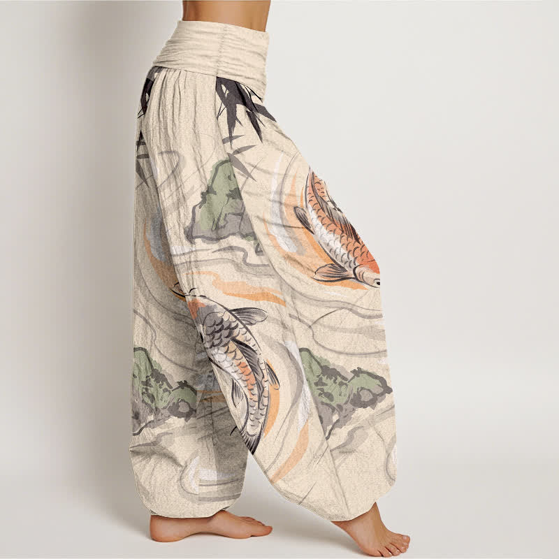 Buddha Stones Pantaloni harem da donna in cotone con motivo a onde e pesci koi, con elastico in vita. - image 6