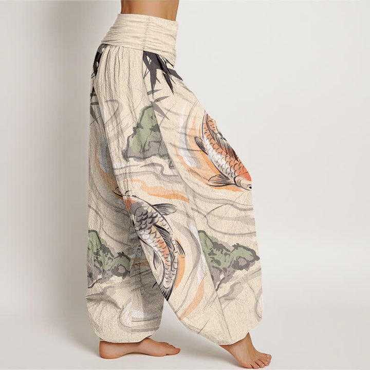 Buddha Stones Pantaloni harem da donna in cotone con motivo a onde e pesci koi, con elastico in vita. - image 6