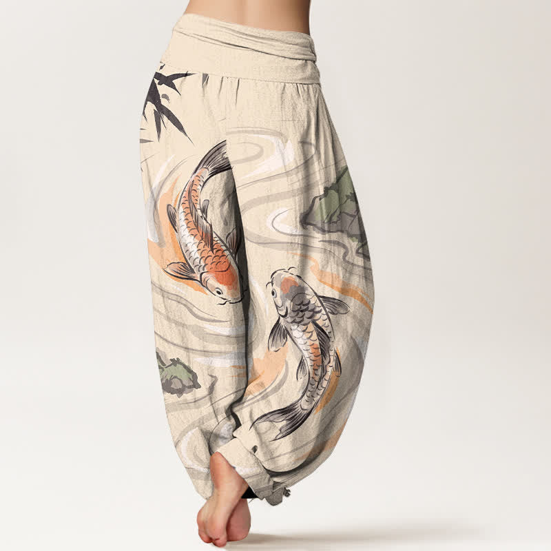 Buddha Stones Pantaloni harem da donna in cotone con motivo a onde e pesci koi, con elastico in vita. - image 7