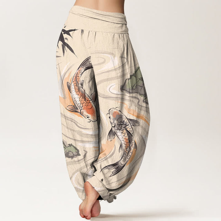 Buddha Stones Pantaloni harem da donna in cotone con motivo a onde e pesci koi, con elastico in vita. - image 7