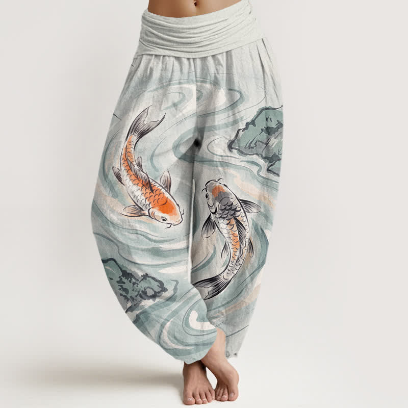 Buddha Stones Pantaloni harem da donna in cotone con motivo a onde e pesci koi, con elastico in vita. - AliceBlue - US16, UK/AU20, EU48 (3XL) - image 8
