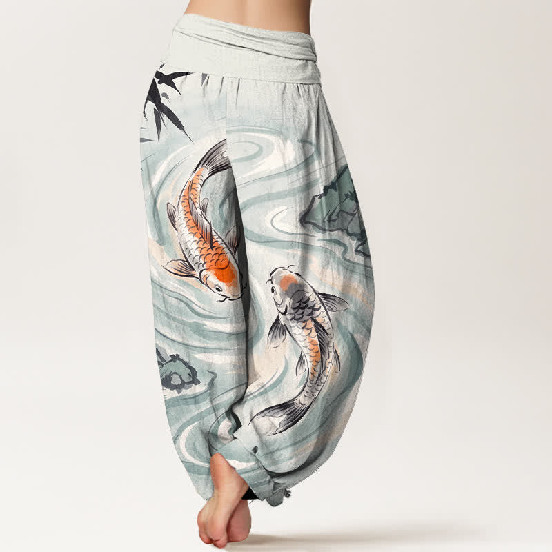 Buddha Stones Pantaloni harem da donna in cotone con motivo a onde e pesci koi, con elastico in vita. - image 10