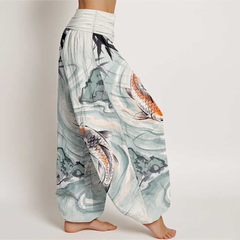 Buddha Stones Pantaloni harem da donna in cotone con motivo a onde e pesci koi, con elastico in vita. - image 9