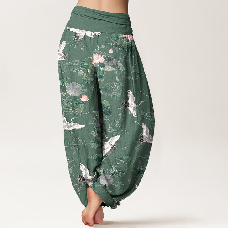 Buddha Stones Pantaloni harem da donna in cotone con elegante motivo a gru e loto, con elastico in vita. - image 2