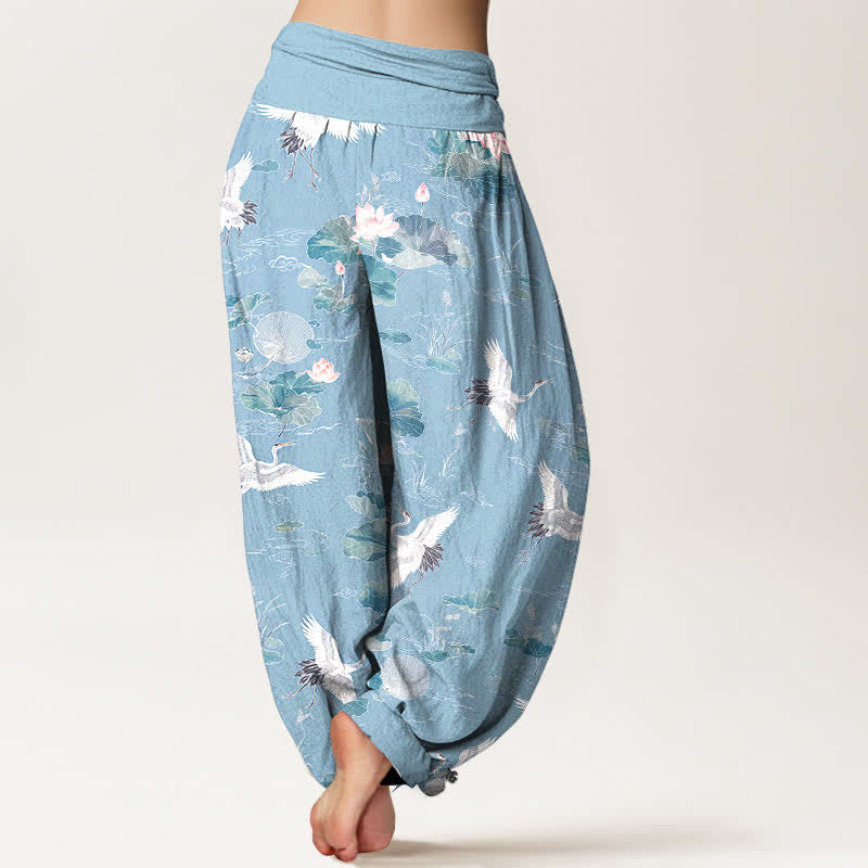 Buddha Stones Pantaloni harem da donna in cotone con elegante motivo a gru e loto, con elastico in vita. - image 7