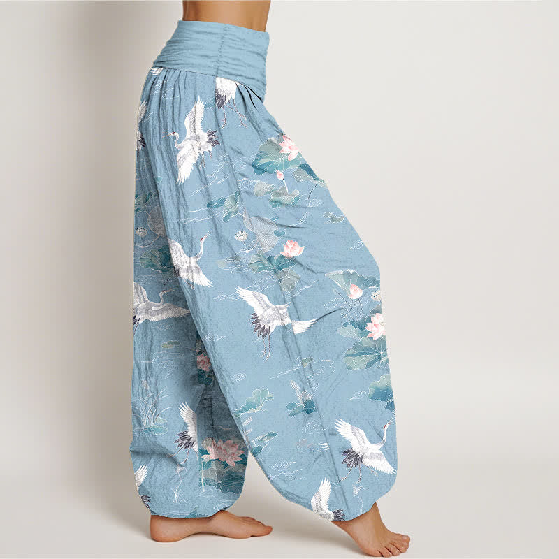 Buddha Stones Pantaloni harem da donna in cotone con elegante motivo a gru e loto, con elastico in vita. - image 6