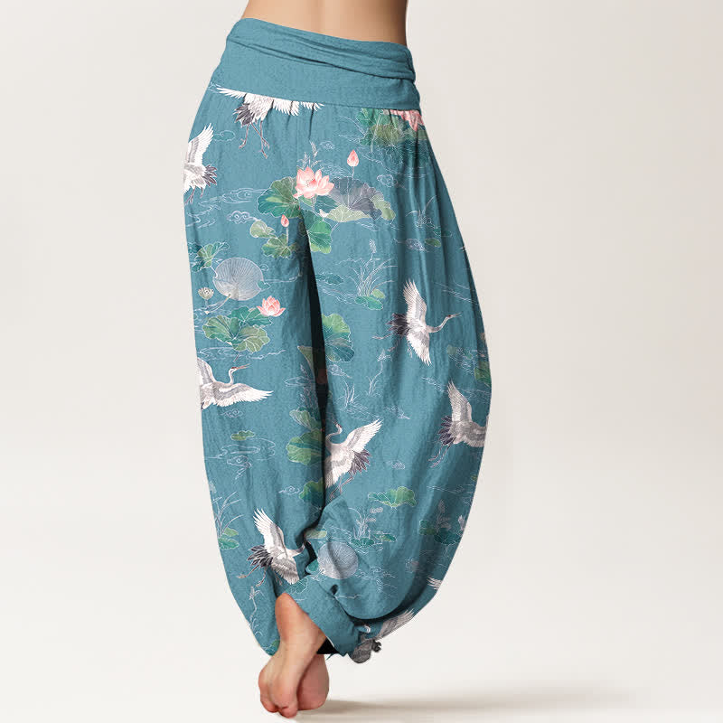 Buddha Stones Pantaloni harem da donna in cotone con elegante motivo a gru e loto, con elastico in vita. - image 10