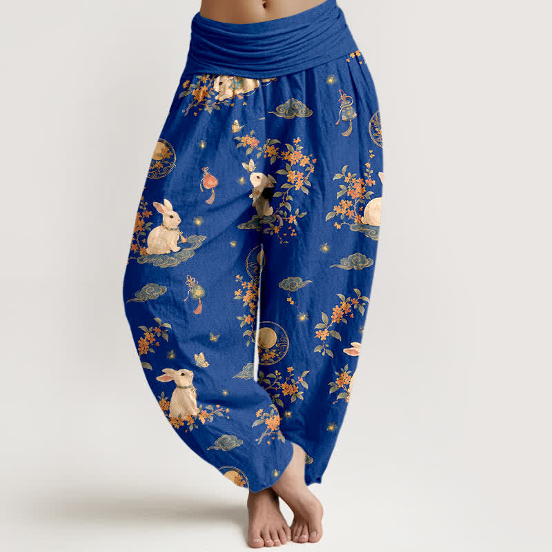 Buddha Stones Pantaloni harem da donna in cotone con motivo floreale e lunare a coniglietti, con elastico in vita. - Giallo chiaro - US16, UK/AU20, EU48 (3XL) - image 0