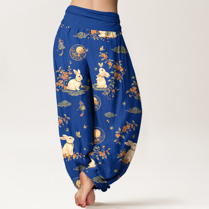 Buddha Stones Pantaloni harem da donna in cotone con motivo floreale e lunare a coniglietti, con elastico in vita. - image 2