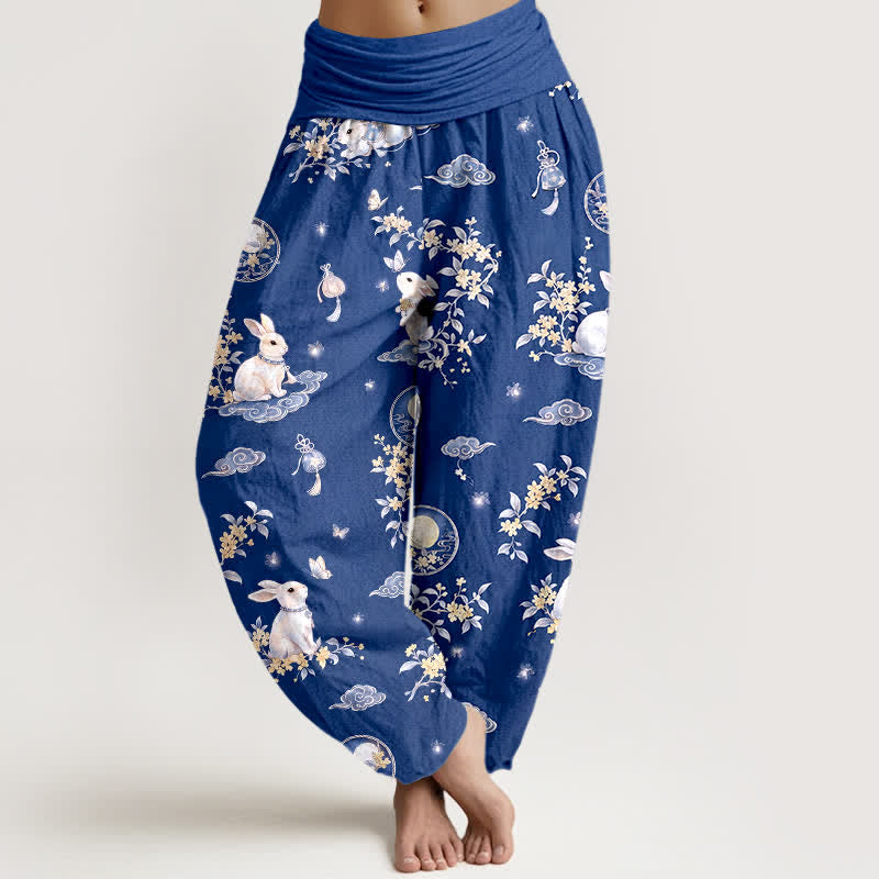 Buddha Stones Pantaloni harem da donna in cotone con motivo floreale e lunare a coniglietti, con elastico in vita. - Bianco - US16, UK/AU20, EU48 (3XL) - image 5