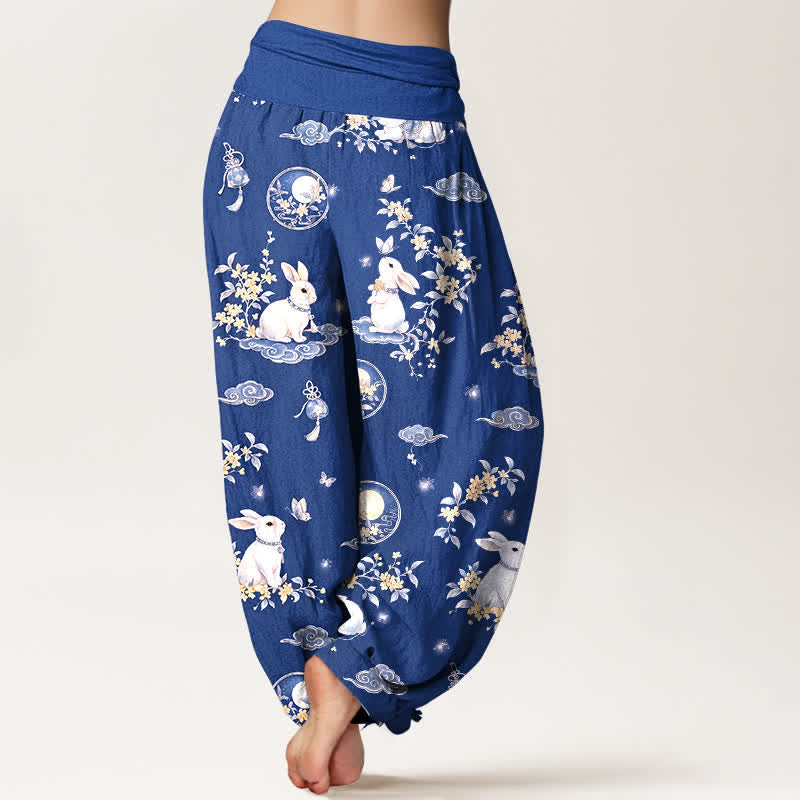 Buddha Stones Pantaloni harem da donna in cotone con motivo floreale e lunare a coniglietti, con elastico in vita. - image 7