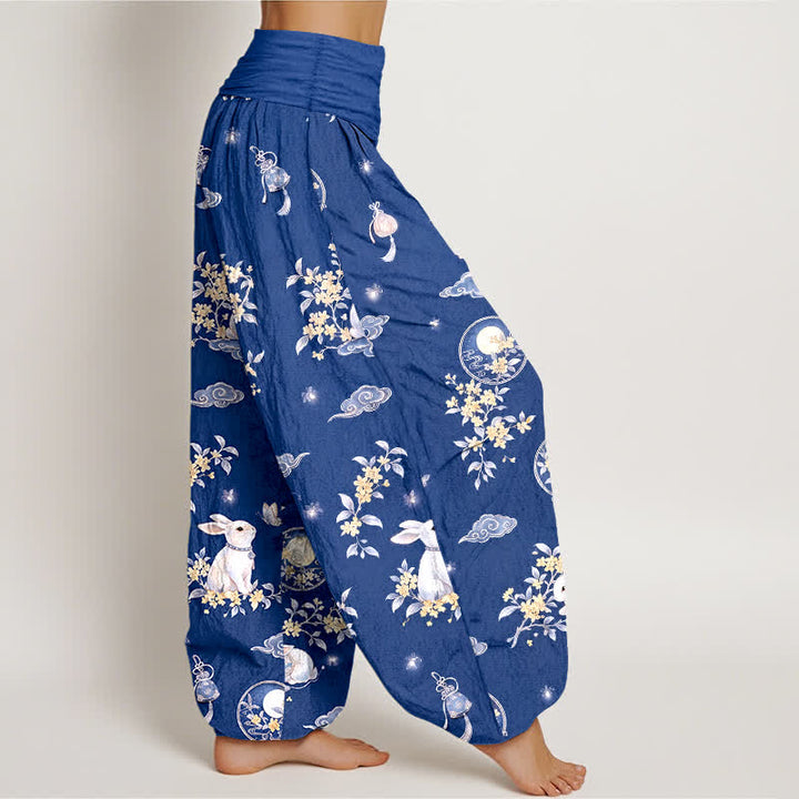 Buddha Stones Pantaloni harem da donna in cotone con motivo floreale e lunare a coniglietti, con elastico in vita. - image 6