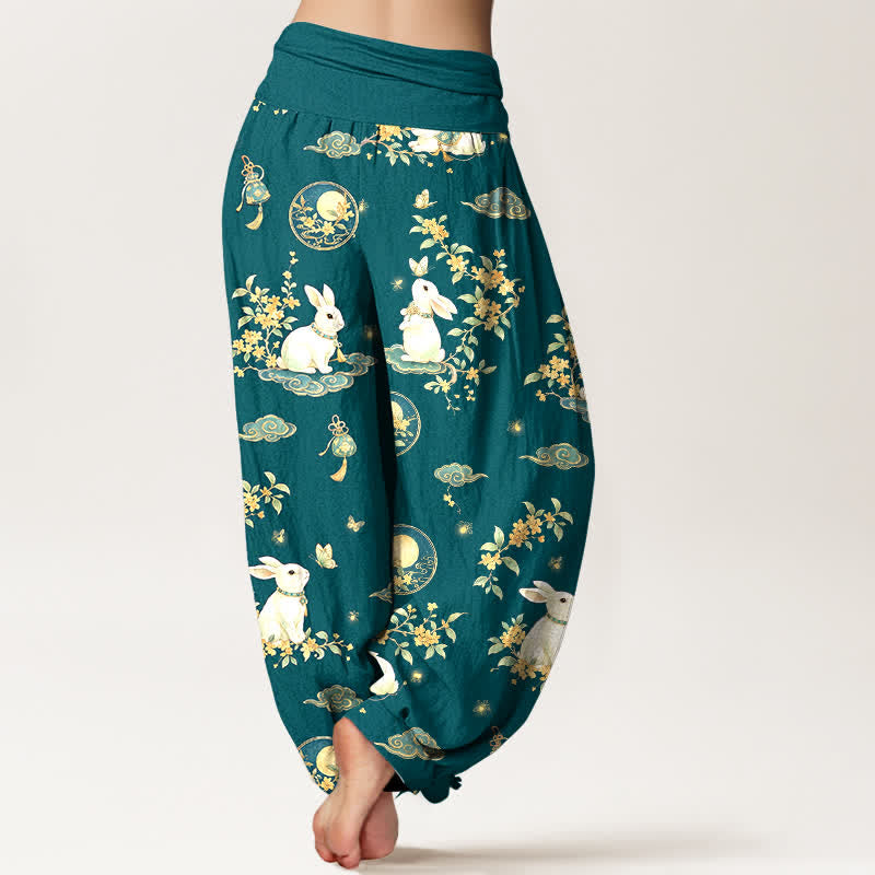 Buddha Stones Pantaloni harem da donna in cotone con motivo floreale e lunare a coniglietti, con elastico in vita. - image 10