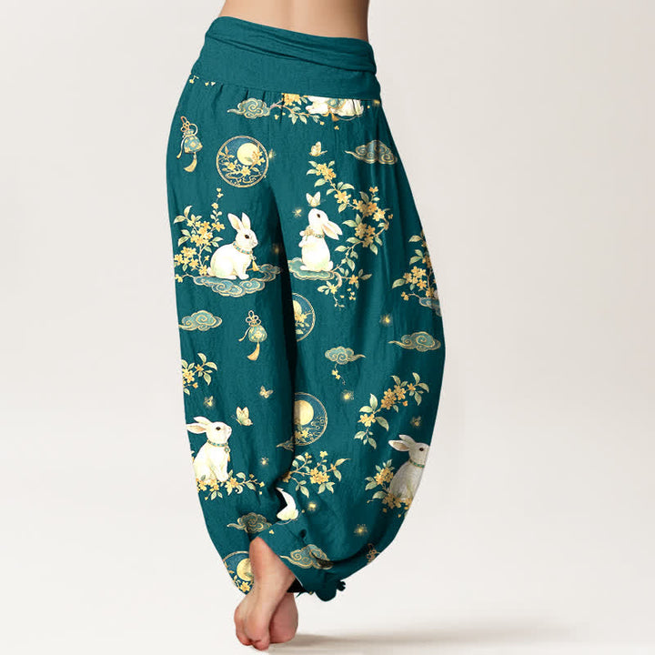 Buddha Stones Pantaloni harem da donna in cotone con motivo floreale e lunare a coniglietti, con elastico in vita. - image 10