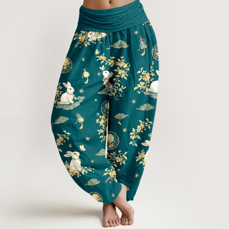 Buddha Stones Pantaloni harem da donna in cotone con motivo floreale e lunare a coniglietti, con elastico in vita. - Verde acqua - US16, UK/AU20, EU48 (3XL) - image 8