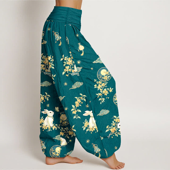 Buddha Stones Pantaloni harem da donna in cotone con motivo floreale e lunare a coniglietti, con elastico in vita. - image 9