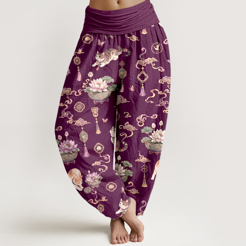 Buddha Stones Pantaloni harem da donna in cotone con motivo gatto loto e nappine, vita elasticizzata. - Viola - US16, UK/AU20, EU48 (3XL) - image 5