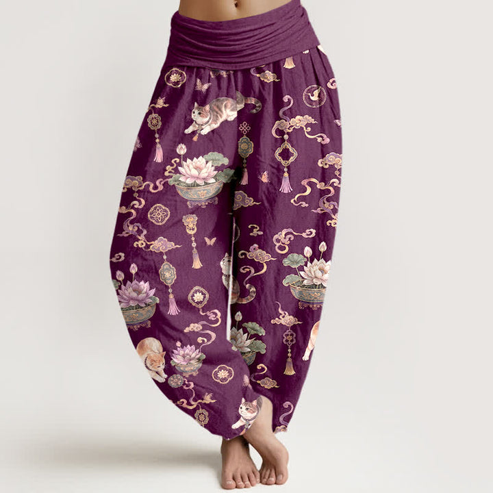 Buddha Stones Pantaloni harem da donna in cotone con motivo gatto loto e nappine, vita elasticizzata. - Viola - US16, UK/AU20, EU48 (3XL) - image 5