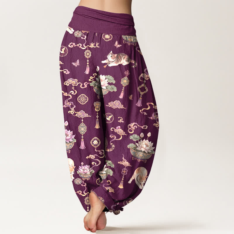 Buddha Stones Pantaloni harem da donna in cotone con motivo gatto loto e nappine, vita elasticizzata. - image 7