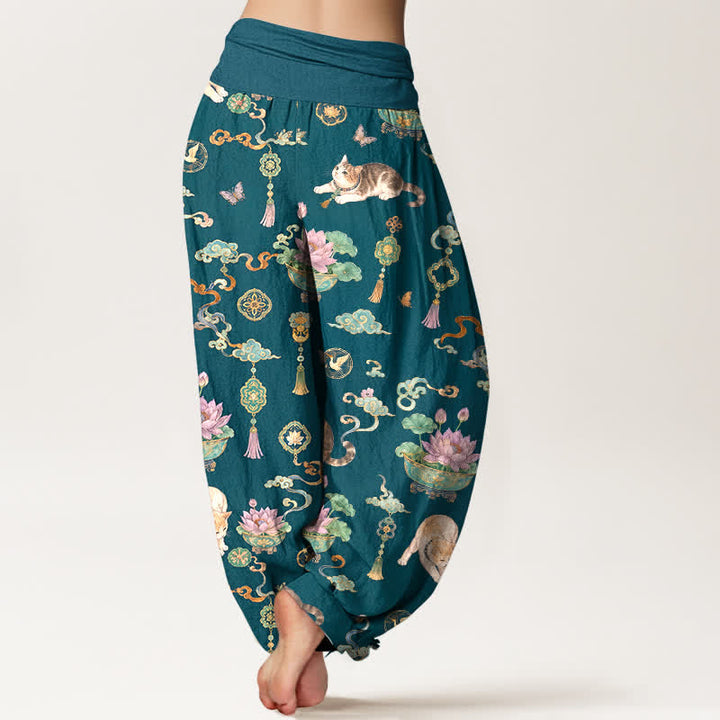 Buddha Stones Pantaloni harem da donna in cotone con motivo gatto loto e nappine, vita elasticizzata. - image 10