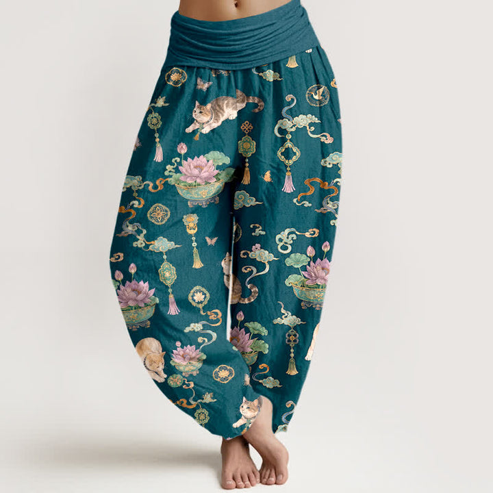 Buddha Stones Pantaloni harem da donna in cotone con motivo gatto loto e nappine, vita elasticizzata. - Verde acqua - US16, UK/AU20, EU48 (3XL) - image 8