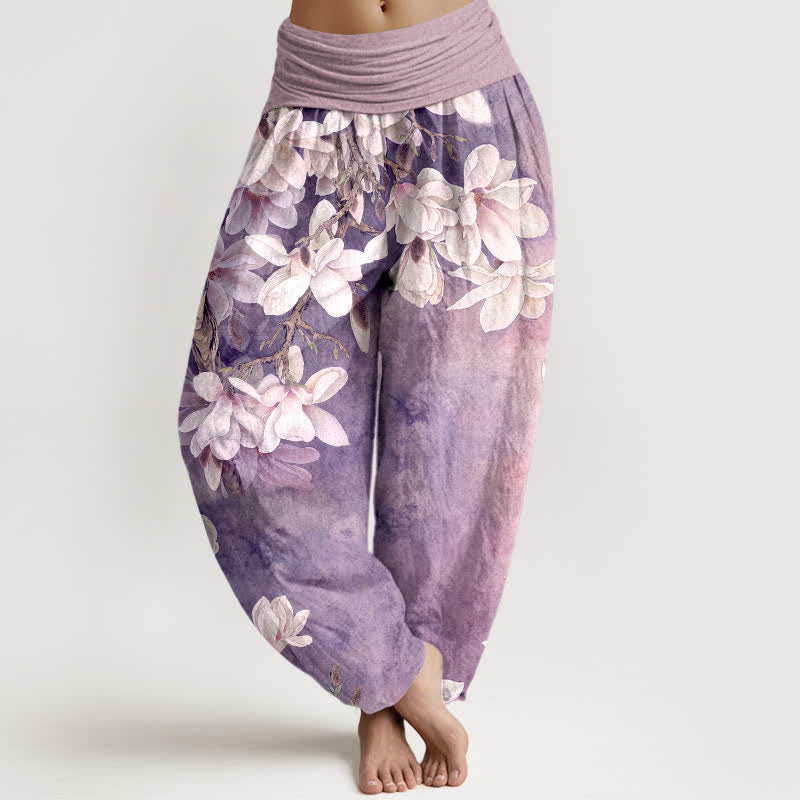 Buddha Stones Pantaloni harem da donna in cotone bianco con fantasia a magnolie e elastico in vita. - Cardo - US16, UK/AU20, EU48 (3XL) - image 8