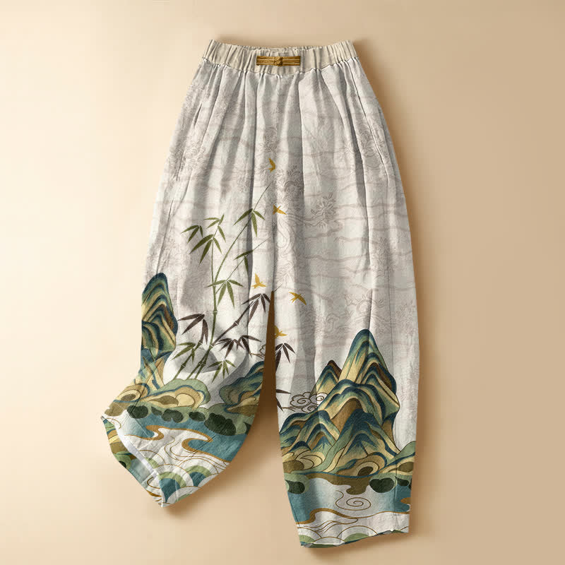 Buddha Stones Pantaloni harem da donna in puro cotone, modello vintage con motivo montagna e bambù, bottoni a rana, vita elasticizzata e tasche. - Beige - US16, UK/AU20, EU48 (3XL) - image 0