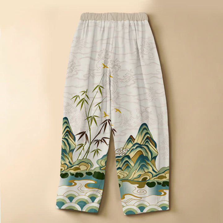 Buddha Stones Pantaloni harem da donna in puro cotone, modello vintage con motivo montagna e bambù, bottoni a rana, vita elasticizzata e tasche. - image 1