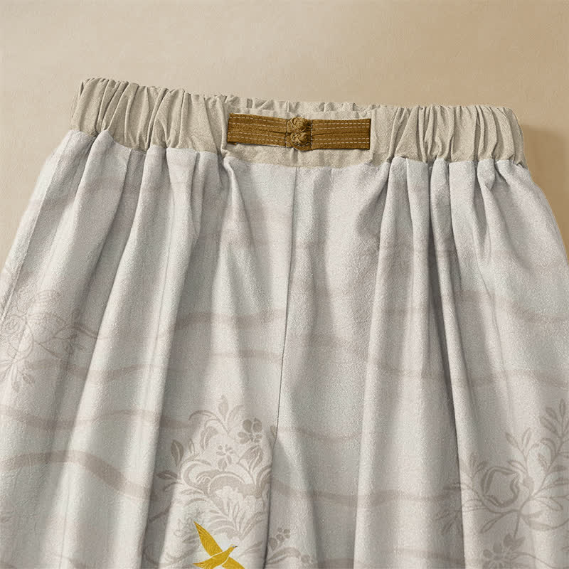Buddha Stones Pantaloni harem da donna in puro cotone, modello vintage con motivo montagna e bambù, bottoni a rana, vita elasticizzata e tasche. - image 2