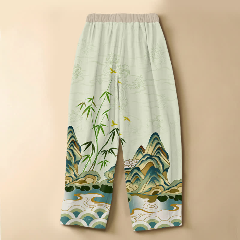 Buddha Stones Pantaloni harem da donna in puro cotone, modello vintage con motivo montagna e bambù, bottoni a rana, vita elasticizzata e tasche. - image 6