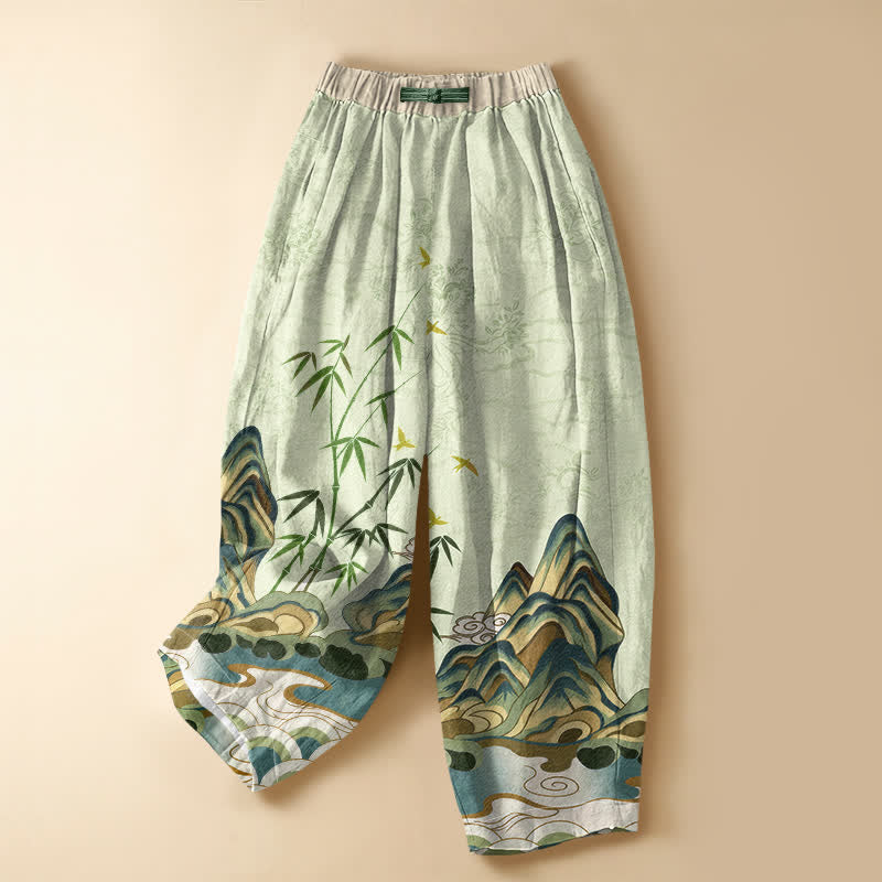 Buddha Stones Pantaloni harem da donna in puro cotone, modello vintage con motivo montagna e bambù, bottoni a rana, vita elasticizzata e tasche. - Verde pallido - US16, UK/AU20, EU48 (3XL) - image 5