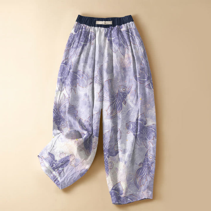 Buddha Stones Pantaloni harem da donna in puro cotone con motivo pesci rossi ad acquerello, bottoni a forma di rana e vita elasticizzata, con tasche. - Lavanda - US16, UK/AU20, EU48 (3XL) - image 0