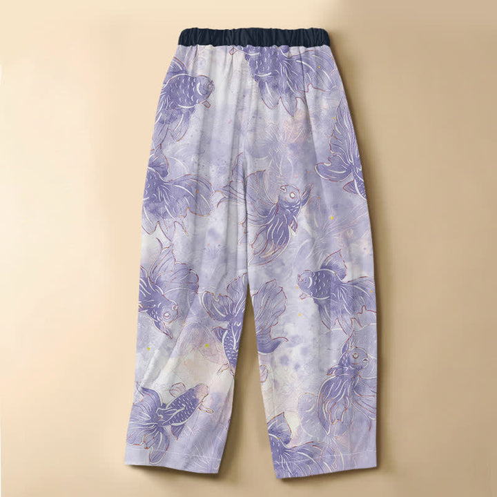 Buddha Stones Pantaloni harem da donna in puro cotone con motivo pesci rossi ad acquerello, bottoni a forma di rana e vita elasticizzata, con tasche. - image 1